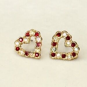 Gold Tone Heart Stud Earrings Red & Clear Rhinestone Crystal Love Jewelry